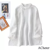 【ACheter】 復古盤扣水洗亞麻感長袖中式禪意優雅中長版上衣# 120840 M 白色