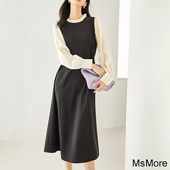 【MsMore】 復古拼接連身裙溫柔高級感氣質收腰顯瘦長袖黑色長版洋裝# 120854 M 黑色