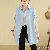 【ACheter】 大碼棉麻感寬鬆顯瘦純色長袖可攀中袖長版襯衫外罩上衣# 120875 M 藍色