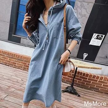 【MsMore】 韓國新款長袖連帽寬鬆休閒牛仔長裙過膝連身裙洋裝# 120888 M 藍色