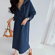 【MsMore】 韓國新款長袖連帽寬鬆休閒牛仔長裙過膝連身裙洋裝# 120888 XL 深藍色