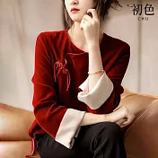 【初色】中國風復古絲絨盤扣小衫T恤上衣女上衣-紅色-32764(M-2XL可選) 2XL 紅色