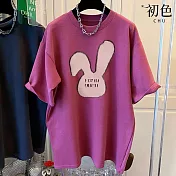【初色】素色兔子圖案寬鬆中大尺碼圓領短袖T恤上衣女上衣-共5色-32844(M-2XL可選) 2XL 桃紅色