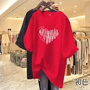 【初色】純色愛心印花大碼寬鬆休閒透氣圓領短袖中長款T恤女上衣-共10色-32848(M-2XL可選) L 紅色