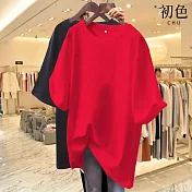 【初色】休閒純色寬鬆大碼透氣百搭圓領短袖T恤上衣-共10色-32894(M-2XL可選) 2XL 紅色