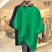 【初色】休閒純色寬鬆大碼透氣百搭圓領短袖T恤上衣-共10色-32894(M-2XL可選) 2XL 綠色