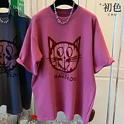 【初色】貓咪圖案印花圓領短袖寬鬆中大尺碼中長T恤上衣女上衣-共3色-32858(M-2XL可選) 2XL 桃紅色