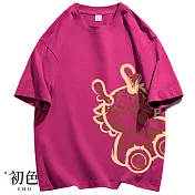 【初色】圓領寬鬆卡通小龍印花五分短袖中長款T恤上衣女上衣-共5色-32863(M-2XL可選) 2XL 玫紅色