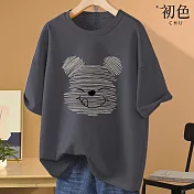 【初色】美式小熊印花圓領T恤短袖上衣-共8色-32868(M-2XL可選) 2XL 淺灰色