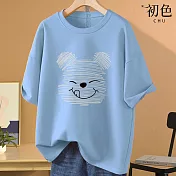 【初色】美式小熊印花圓領T恤短袖上衣-共8色-32868(M-2XL可選) 2XL 淺藍色