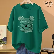 【初色】美式小熊印花圓領T恤短袖上衣-共8色-32868(M-2XL可選) 2XL 墨綠色