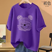 【初色】美式小熊印花圓領T恤短袖上衣-共8色-32868(M-2XL可選) 2XL 深紫色
