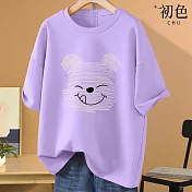 【初色】美式小熊印花圓領T恤短袖上衣-共8色-32868(M-2XL可選) 2XL 淺紫色