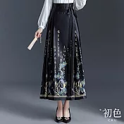 【初色】中式水墨風印花光澤感修身百搭馬面裙半身裙-黑色-32714(M-XL可選) M 黑色