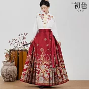 【初色】中華風高腰復古印花馬面裙半身裙長裙-共3色-32772(M-XL可選) XL 紅色