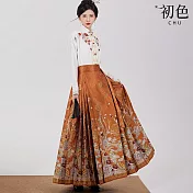 【初色】中華風高腰復古印花馬面裙半身裙長裙-共3色-32772(M-XL可選) L 橙色
