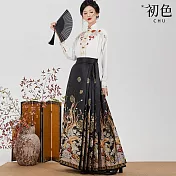 【初色】中華風高腰復古印花馬面裙半身裙長裙-共3色-32772(M-XL可選) M 黑色