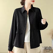 【初色】翻領純色拼接薄款長袖襯衫上衣女上衣-共3色-32880(M-2XL可選) M 黑色