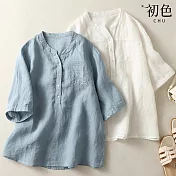 【初色】棉麻風立領純色口袋刺繡七分短袖T恤上衣-共2色-32890(M-2XL可選) M 藍色
