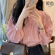 【初色】條紋長袖單排釦襯衫長袖上衣-粉色-32893(M-XL可選) XL 粉色
