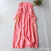 【ACheter】 原創復古連身裙亞麻感V領斜襟收腰開衫文藝粉色長版洋裝# 120841 2XL 粉紅色