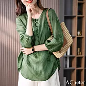【ACheter】 綠波重工刺繡蘆麻感新款韓版長袖圓領寬鬆休閒短版上衣# 120881 XL 綠色