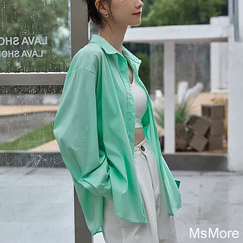 【MsMore】 荷綠寬鬆中長款純色chic韓版襯衫防曬上衣# 120900 FREE 綠色