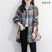 【AMIEE】韓版磨毛格子寬鬆長袖襯衫(KDTY-2118) L 藍色