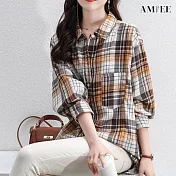 【AMIEE】韓版磨毛格子寬鬆長袖襯衫(KDTY-2118) L 卡其