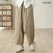 【AMIEE】日系寬鬆純色闊腿褲長褲(KDPY-9039) L 卡其