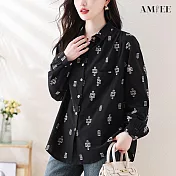 【AMIEE】十字印花復古寬鬆休閒長袖襯衫(KDTY-6686) 2XL 黑色
