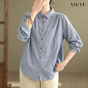 【AMIEE】雙層面紗條紋復古長袖襯衫(KDTY-8501) L 藍色