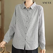 【AMIEE】雙層面紗條紋復古長袖襯衫(KDTY-8501) L 灰色