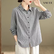 【AMIEE】雙層面紗條紋復古長袖襯衫(KDTY-8501) L 黑色