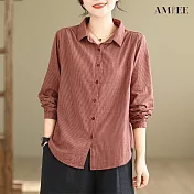 【AMIEE】雙層面紗條紋復古長袖襯衫(KDTY-8501) L 紅色