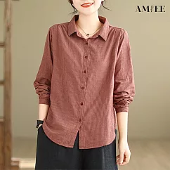 【AMIEE】雙層面紗條紋復古長袖襯衫(KDTY─8501) L 紅色