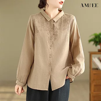 【AMIEE】雙層棉紗刺繡復古寬鬆長袖襯衫(KDTY-8399) M 卡其