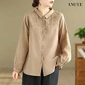 【AMIEE】雙層棉紗刺繡復古寬鬆長袖襯衫(KDTY-8399) XL 卡其