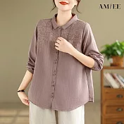 【AMIEE】雙層棉紗刺繡復古寬鬆長袖襯衫(KDTY-8399) M 紫色