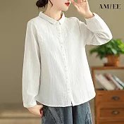 【AMIEE】雙層棉紗刺繡復古寬鬆長袖襯衫(KDTY-8399) M 米白