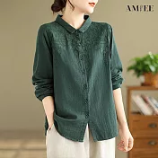 【AMIEE】雙層棉紗刺繡復古寬鬆長袖襯衫(KDTY-8399) M 墨綠