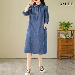 【AMIEE】韓版百搭舒適牛仔五分袖洋裝(KDDY─1965) M 藍色