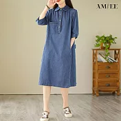 【AMIEE】韓版百搭舒適牛仔五分袖洋裝(KDDY-1965) XL 藍色