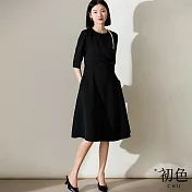 【初色】圓領素色寬鬆顯瘦法式褶皺連身裙洋裝-黑色-32964(M-XL可選) M 黑色