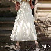 【初色】鬆緊腰高腰純色A字雪紡裙紗裙半身裙長裙-米白色-32913(M-XL可選) L 米白色