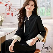 【初色】中華風立領撞色盤扣長袖印花短外套休閒外套-黑色-32992(M-2XL可選) XL 黑色