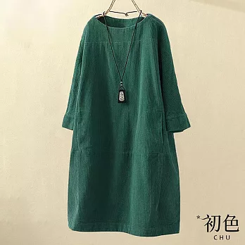 【初色】復古燈芯絨寬鬆顯瘦圓領素色長袖大碼連身裙洋裝-共8色-32939(M-2XL可選) M 綠色