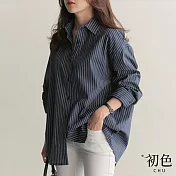 【初色】寬鬆翻領單排扣條紋顯瘦長袖襯衫上衣-共2色-32940(M-2XL可選 M 藍色