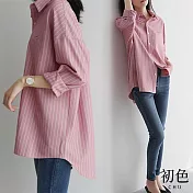 【初色】翻領條紋寬鬆顯瘦單排扣襯衫長袖上衣-共2色-32936(M-2XL可選) M 粉色