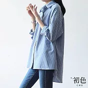 【初色】翻領條紋寬鬆顯瘦單排扣襯衫長袖上衣-共2色-32936(M-2XL可選) M 藍色